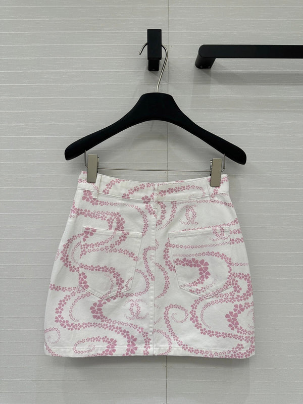 CC 25 Printed Denim Single-breasted Short Skirt Pink White Cotton