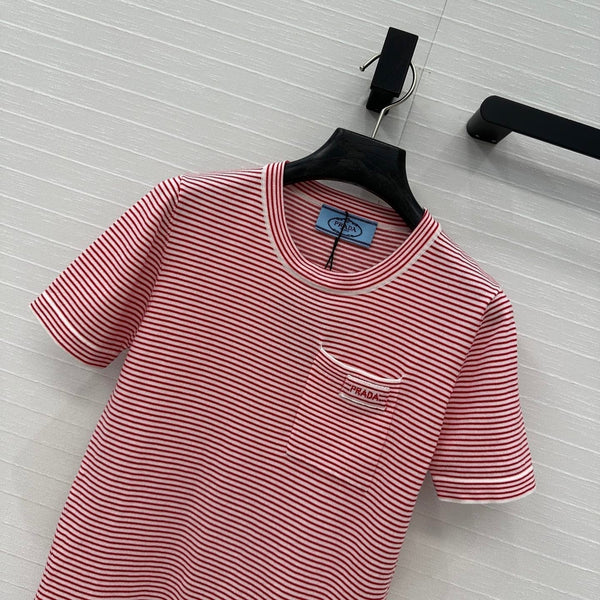 Prada 25 Striped Short-sleeved Knitted Top Red Cotton