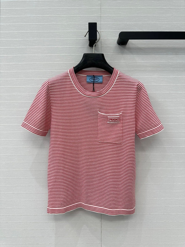 Prada 25 Striped Short-sleeved Knitted Top Red Cotton