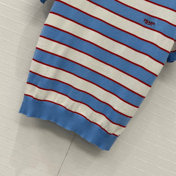 Prada 25 Striped Short-sleeved Knitted Top Blue white red Cotton
