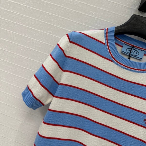 Prada 25 Striped Short-sleeved Knitted Top Blue white red Cotton