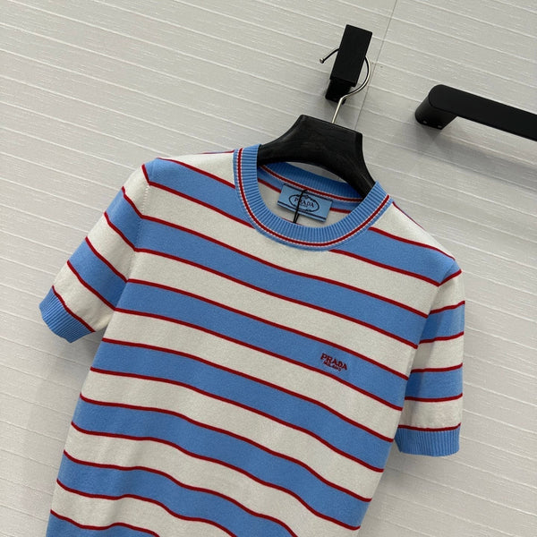 Prada 25 Striped Short-sleeved Knitted Top Blue white red Cotton