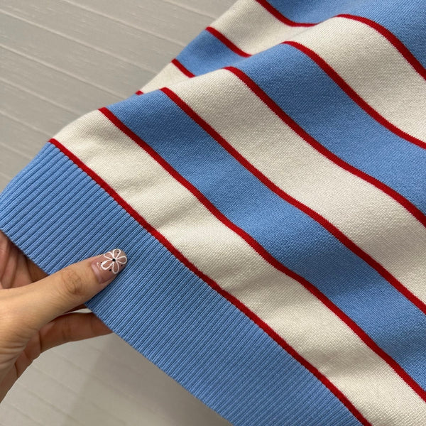 Prada 25 Striped Short-sleeved Knitted Top Blue white red Cotton