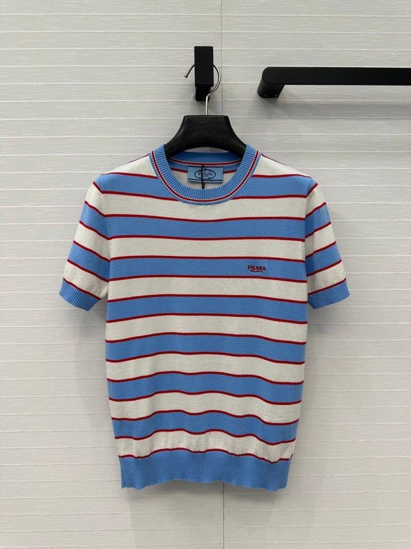 Prada 25 Striped Short-sleeved Knitted Top Blue white red Cotton