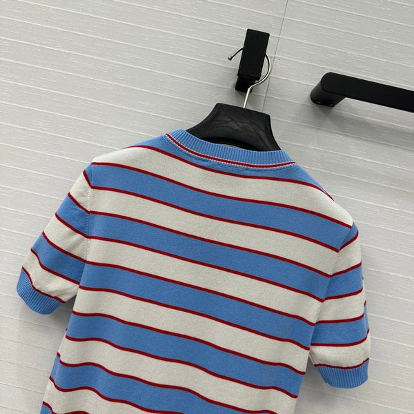 Prada 25 Striped Short-sleeved Knitted Top Blue white red Cotton