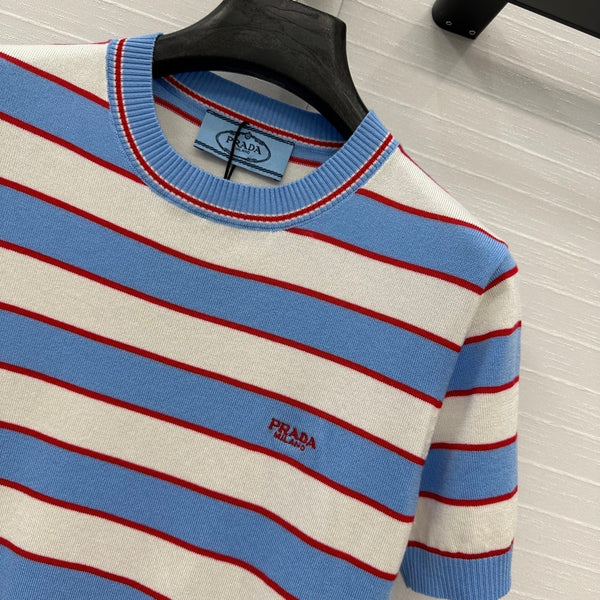 Prada 25 Striped Short-sleeved Knitted Top Blue white red Cotton