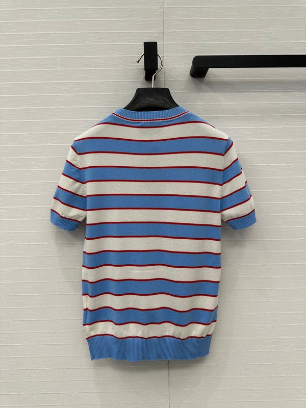 Prada 25 Striped Short-sleeved Knitted Top Blue white red Cotton