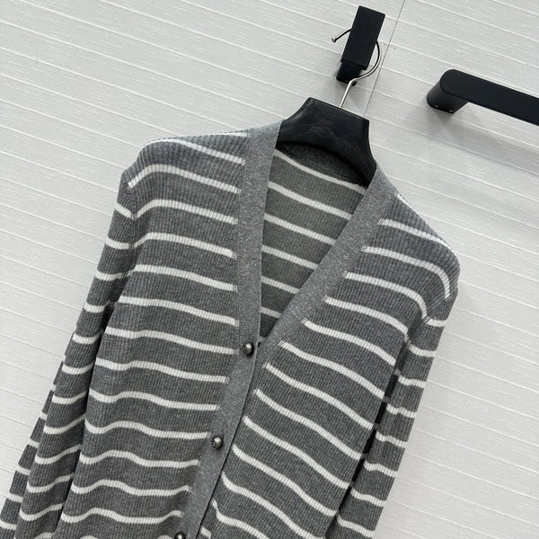 CD 25 Striped Cardigan Gray mix White Linen Cashmere
