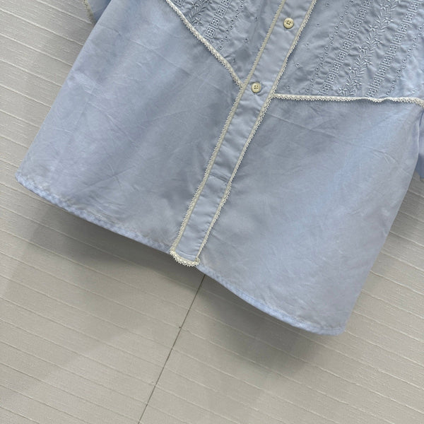 Prada 25 Lace Short-sleeved Shirt Blue Cotton