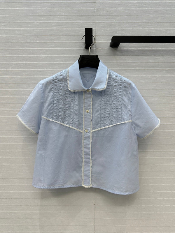 Prada 25 Lace Short-sleeved Shirt Blue Cotton