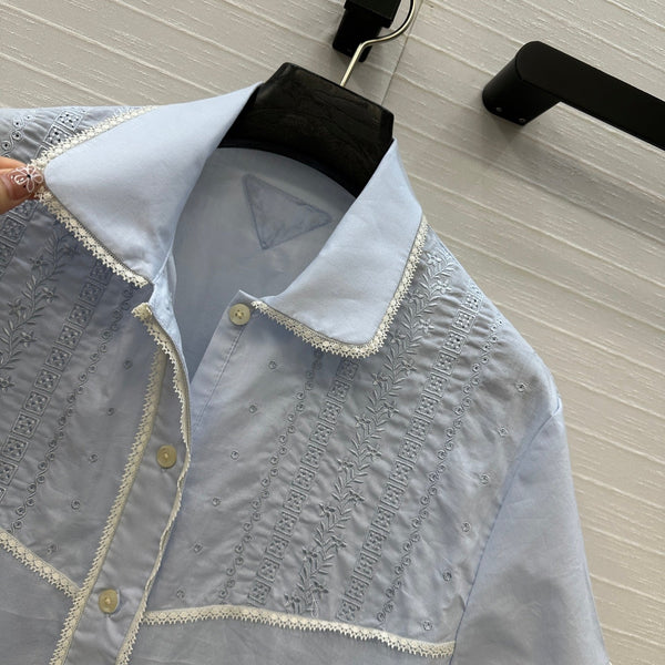 Prada 25 Lace Short-sleeved Shirt Blue Cotton