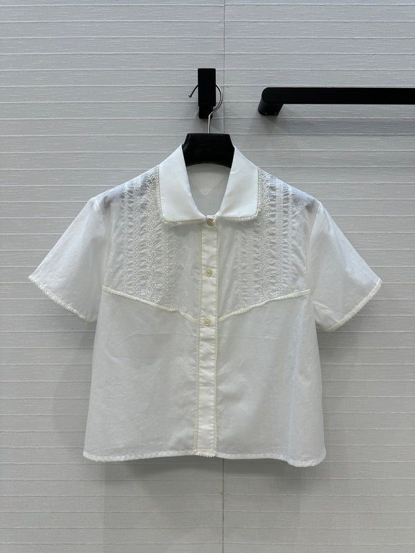 Prada 25 Lace Short-sleeved Shirt White Cotton