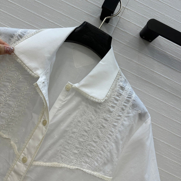 Prada 25 Lace Short-sleeved Shirt White Cotton