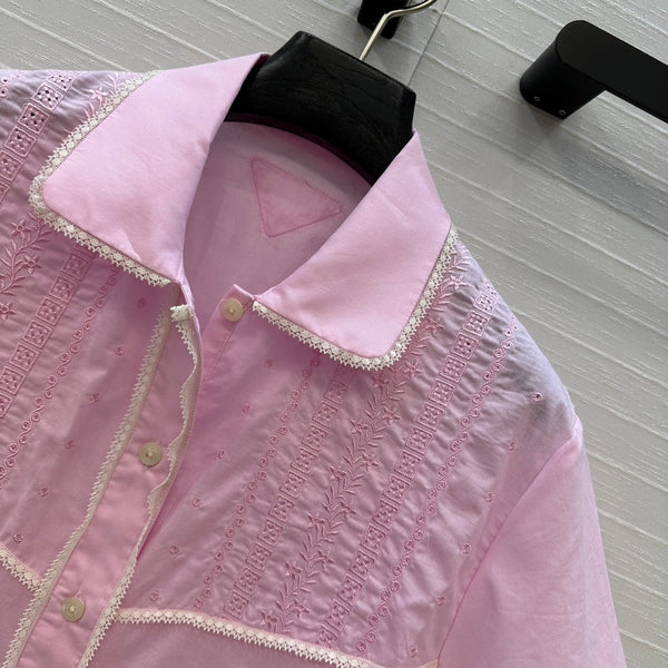 Prada 25 Lace Short-sleeved Shirt Pink Cotton