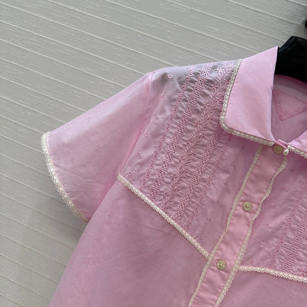 Prada 25 Lace Short-sleeved Shirt Pink Cotton