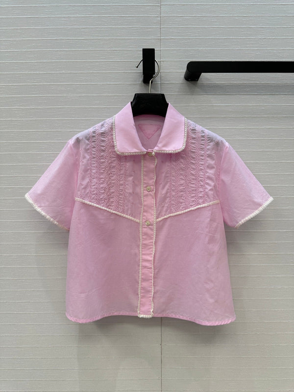 Prada 25 Lace Short-sleeved Shirt Pink Cotton
