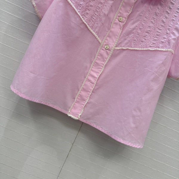 Prada 25 Lace Short-sleeved Shirt Pink Cotton