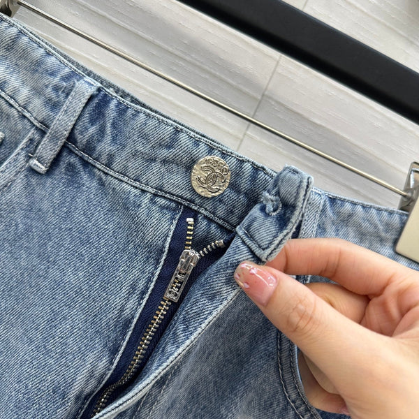 CC 25 Embroidered Short Skirt Blue Denim Cotton