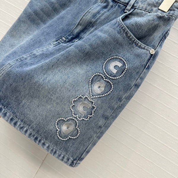 CC 25 Embroidered Short Skirt Blue Denim Cotton