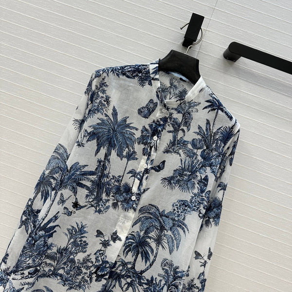 CD 25 Butterfly Coconut Print Shirt White Blue Cotton