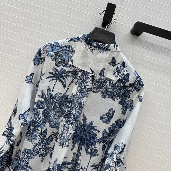 CD 25 Butterfly Coconut Print Shirt White Blue Cotton