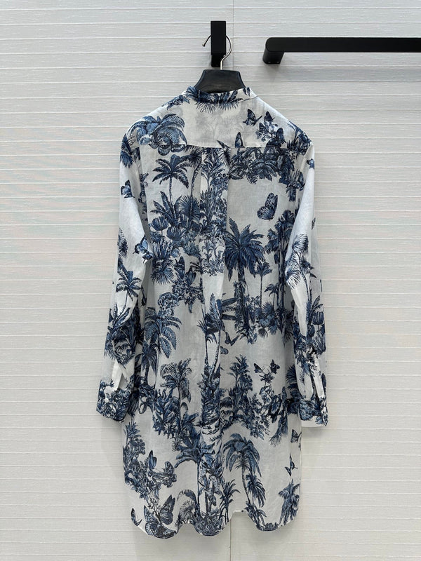 CD 25 Butterfly Coconut Print Shirt White Blue Cotton