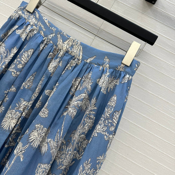 CD 25 Pleated Flared Forest Long Skirt Blue White Cotton