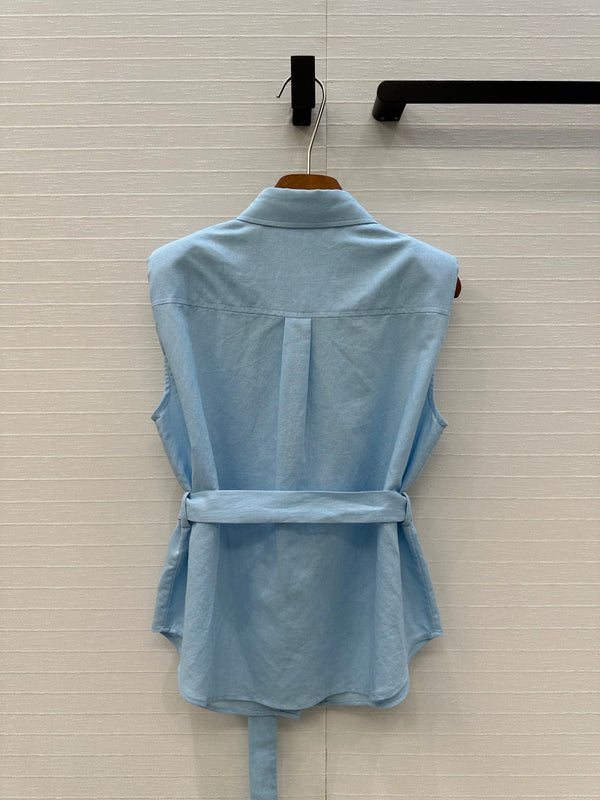 Loewe 25 Lace-up Waist Sleeveless Shirt Blue Linen