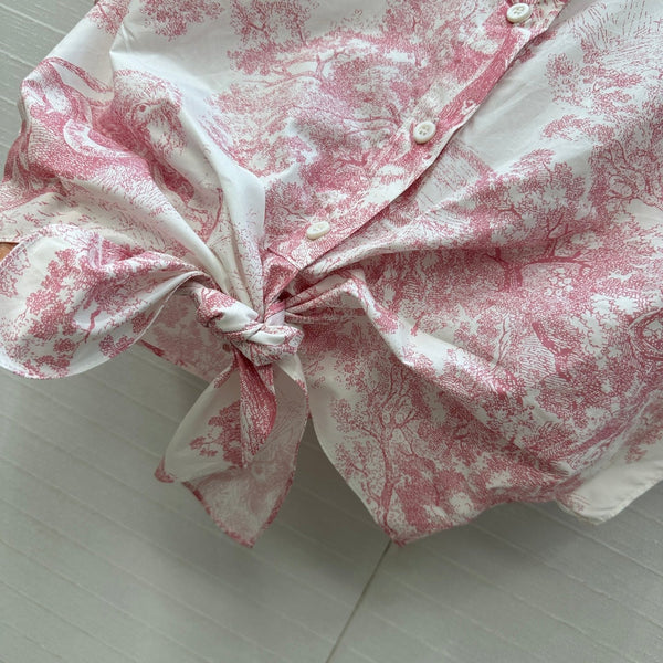 CD 25 Flying Sleeve Short Shirt White Pink Cotton