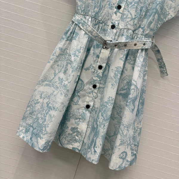 CD 25 Sauvage Jouy Print Button Dress Light Blue mix White Cotton