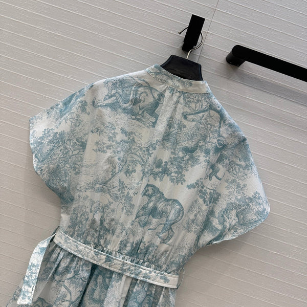 CD 25 Sauvage Jouy Print Button Dress Light Blue mix White Cotton