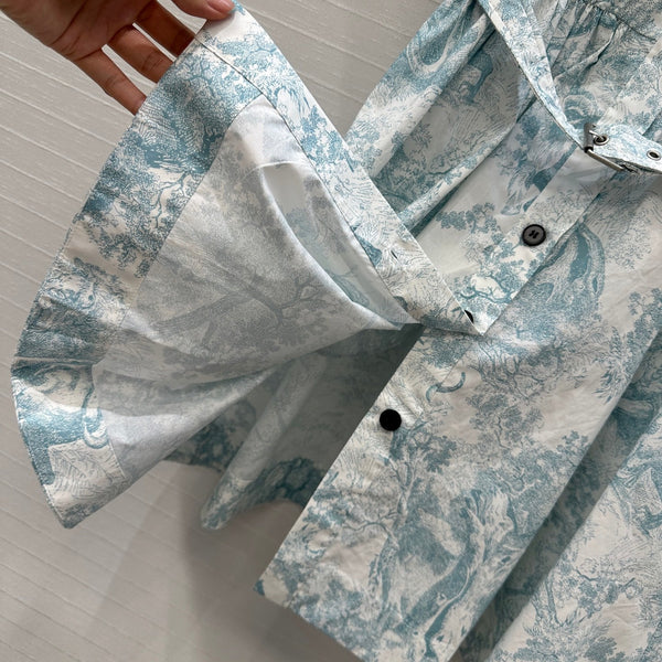 CD 25 Sauvage Jouy Print Button Dress Light Blue mix White Cotton