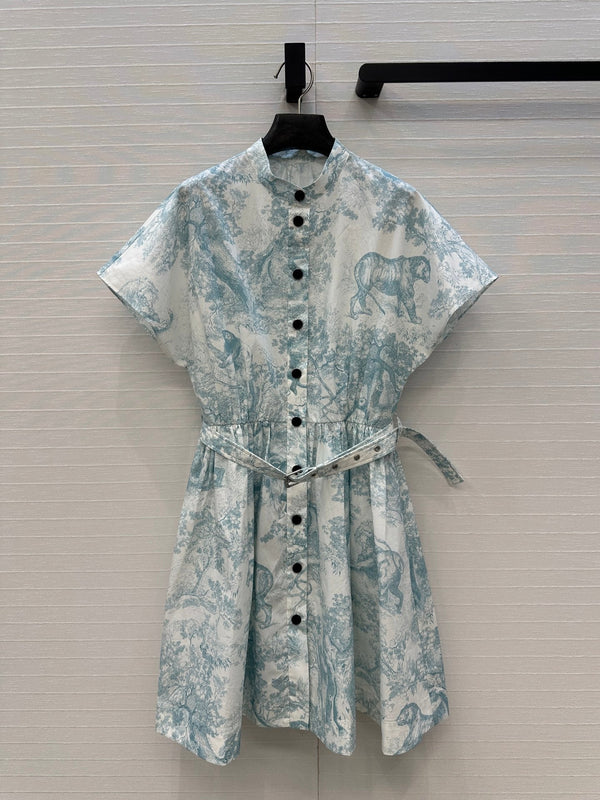 CD 25 Sauvage Jouy Print Button Dress Light Blue mix White Cotton