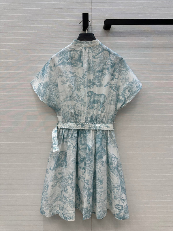 CD 25 Sauvage Jouy Print Button Dress Light Blue mix White Cotton