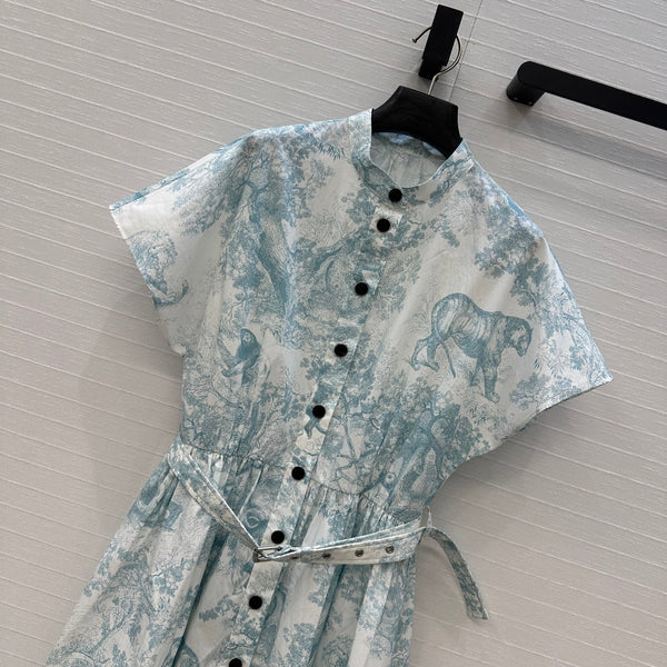 CD 25 Sauvage Jouy Print Button Dress Light Blue mix White Cotton