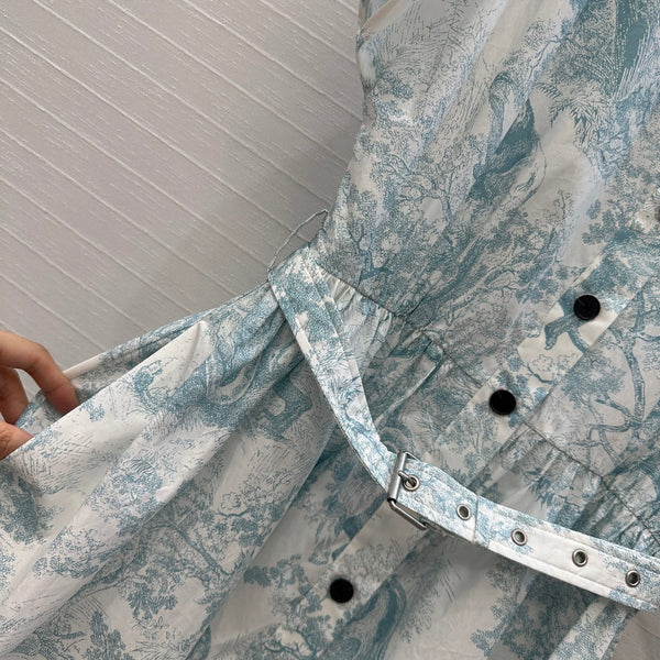 CD 25 Sauvage Jouy Print Button Dress Light Blue mix White Cotton