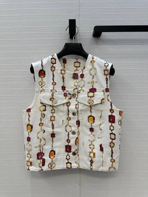 LV 25 Classic Elements Colorful Gemstone Necklace Vest White Cotton