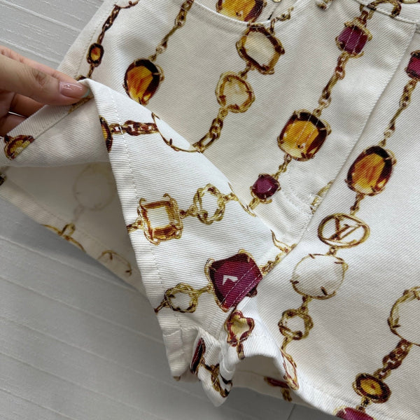 LV 25 Bourgoise Series Printed Zipper Denim Shorts White Cotton