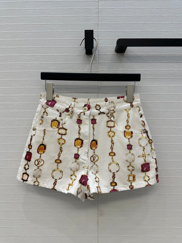 LV 25 Bourgoise Series Printed Zipper Denim Shorts White Cotton