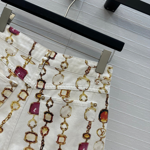 LV 25 Bourgoise Series Printed Zipper Denim Shorts White Cotton