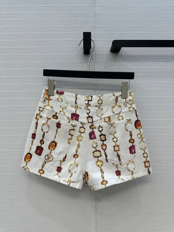 LV 25 Bourgoise Series Printed Zipper Denim Shorts White Cotton