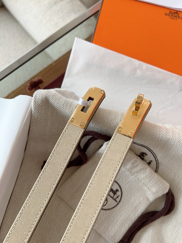 HM Kelly Belt 18mm Beige Canvas Epsom Leather Pink Gold Buckle