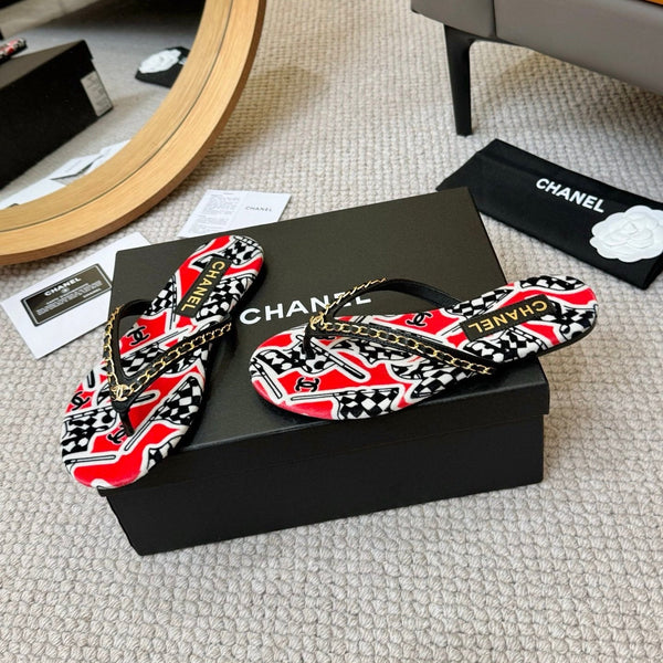 CC Chain Strap Thong Slippers Red Cloth Sheepskin Velvet 305868