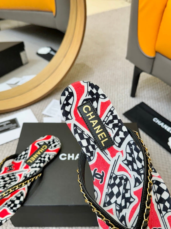 CC Chain Strap Thong Slippers Red Cloth Sheepskin Velvet 305868