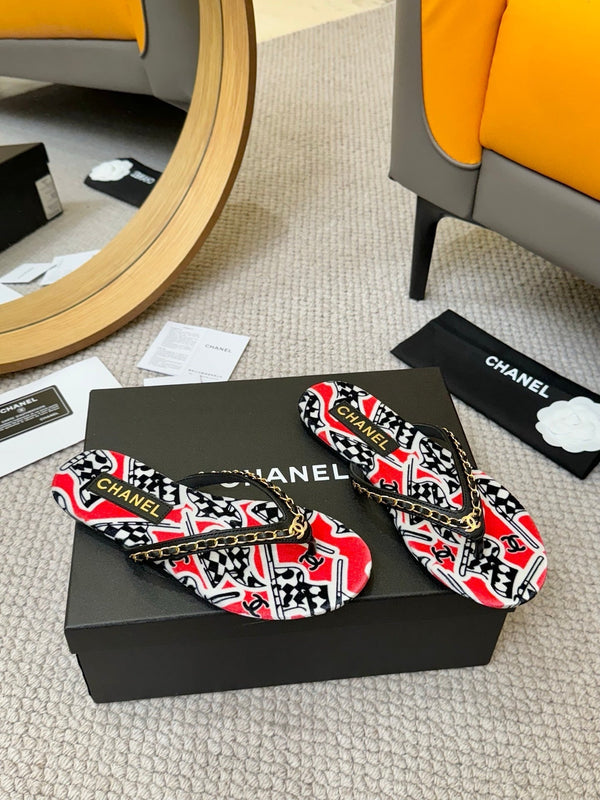 CC Chain Strap Thong Slippers Red Cloth Sheepskin Velvet 305868