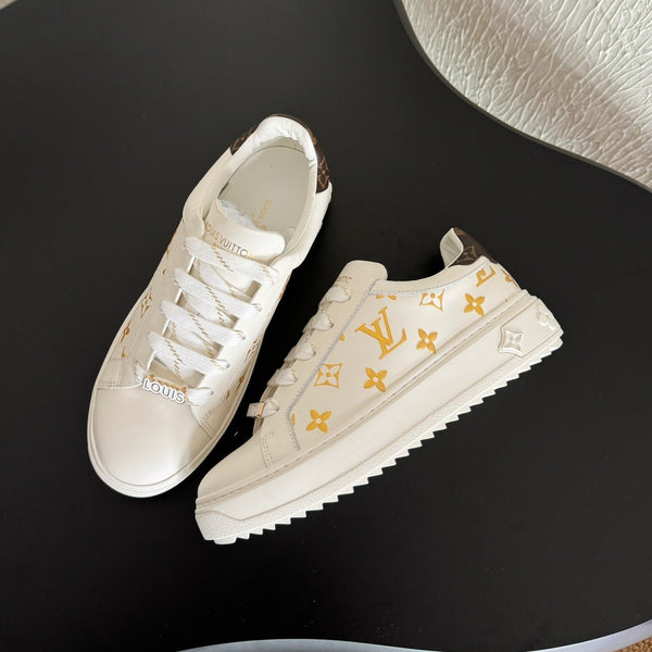 LV Sneakers Time Out White Shoes Gold Monogram Calfskin
