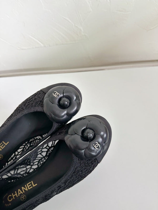 Ballet Flats Black Tweed Grosgrain Flower