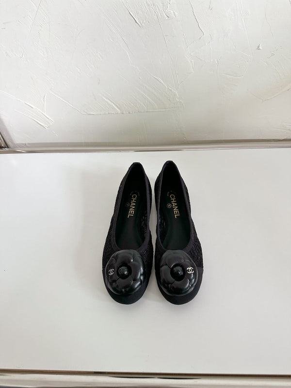 Ballet Flats Black Tweed Grosgrain Flower