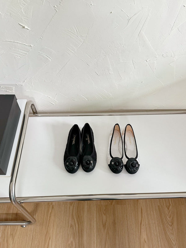 Ballet Flats Black Tweed Grosgrain Flower