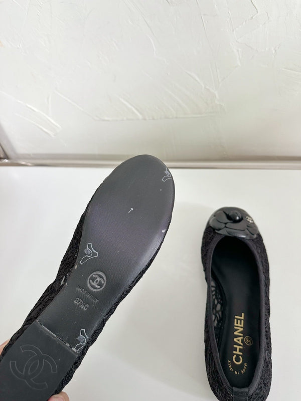 Ballet Flats Black Tweed Grosgrain Flower